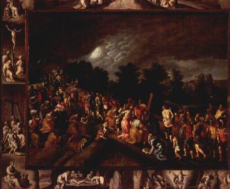 The Road to Calvary, Depicted in the Central Panel and Scenes from the Crucifixion and Resurrection de Gillis Mostaert