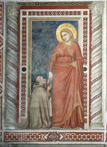 Der Bischof Teobaldo Pontano im Pilgergewand vor der hl. Maria Magdalena kniend de Giotto (Schule)