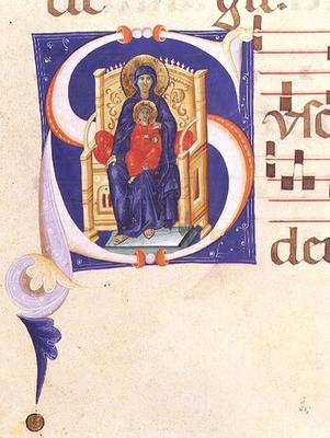 Ms 562 f.16r Historiated initial 'S' depicting the Madonna and Child enthroned, from a gradual from de Giovanni Cimabue