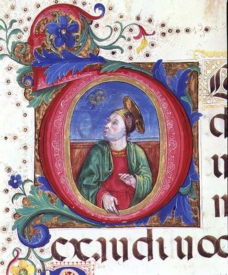 Ms 542 f.53r Historiated initial 'O' depicting a male saint from a psalter written by Don Appiano fr de Giovanni di Guiliano Boccardi
