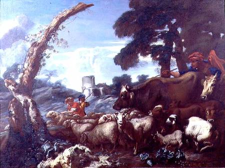 Farmhands with cattle and sheep de Giovanni Francesco Castiglione