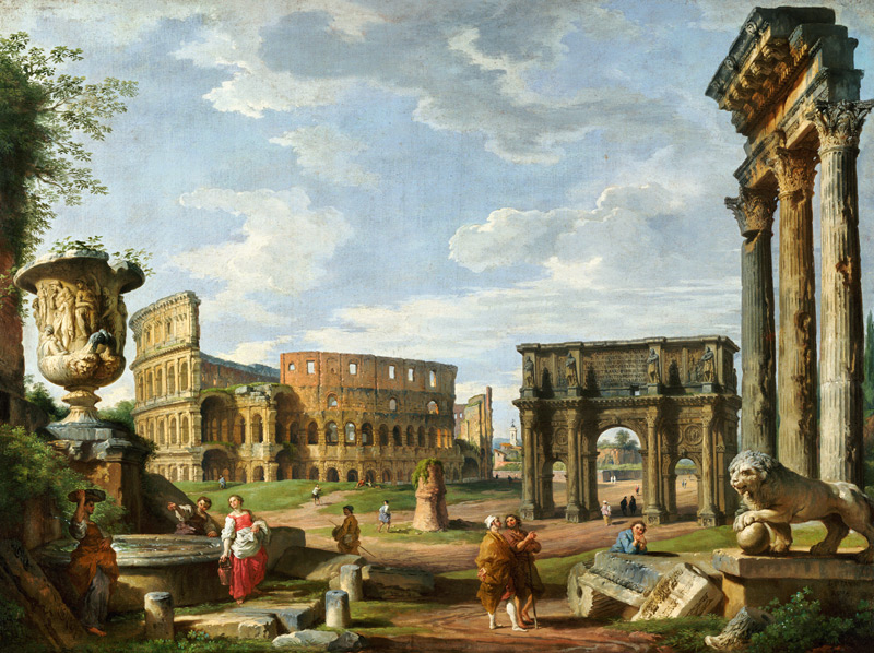 A Capriccio View Of Rome With The Colosseum, The Arch Of Constantine And The Temple Of Castor And Po de Giovanni Paolo Pannini