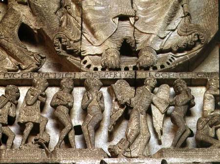 West Portal tympanum depicting the Last Judgement: detail of Christ's feet, an angel and mortals de Gislebertus