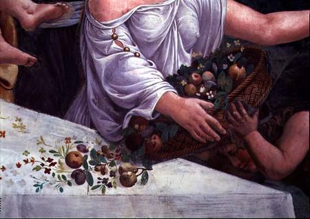 A basket of fruit and flowers, detail of the rustic banquet celebrating the marriage of Cupid and Ps de Giulio Romano