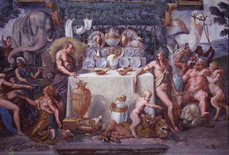 The noble banquet celebrating the marriage of Cupid and Psyche, detail showing Dionysius and Silenus de Giulio Romano