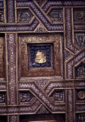 Sala dei Cavalli, view of the ceiling with the carved Gonzaga impresse of Mount Olympus, lizards and