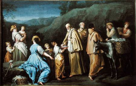 Young Girl Offering Eggs to a Group of Monks de Giuseppe Gambarini