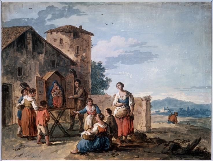 A group of peasants before the tabernacle with the Standing Madonna statue de Giuseppe Zais