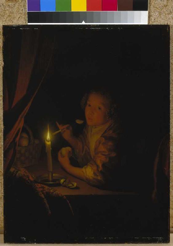 Apple eating girl at candlelight de Godfried Schalcken