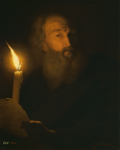 Retrato de hombre barbudo a luz de vela - Godfried Schalken en reproducción  impresa o copia al óleo sobre lienzo.