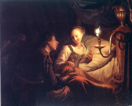 A Candlelight Scene: A Man Offering a Gold Chain and Coins to a Girl Seated on a Bed de Godfried Schalcken