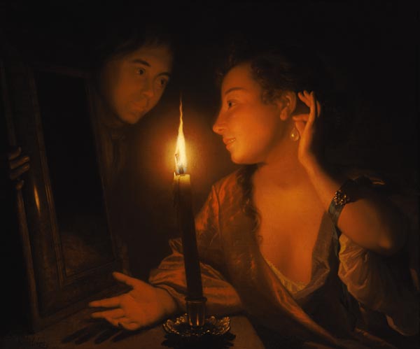 A Lady Admiring An Earring by Candlelight de Godfried Schalcken