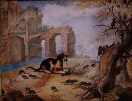 Cat killing mice in a landscape de Gottfried Mind