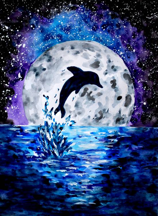 Delphin Ozean und Mond de Sebastian  Grafmann