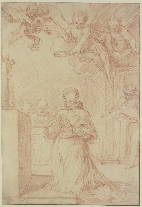 Betender Heiliger vor einem Altar von Engeln gekrönt de Guido Reni