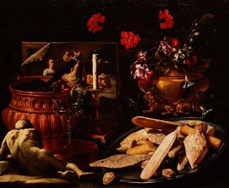 Still Life with Flowers in a Gilt Urn, a Painting and Cakes on a Salver de Guiseppe Recco
