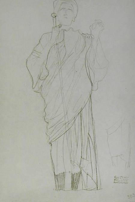 Standing Woman Holding Sword, cil on brown de Gustav Klimt