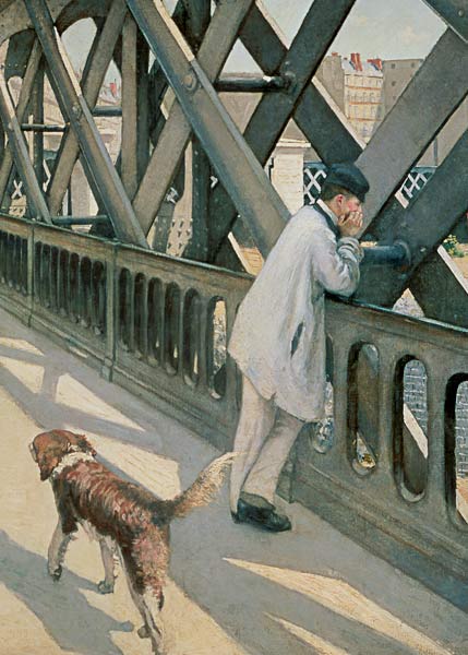 Puente de Europa : Detalle de hombre descansando con su perro - Gustave  Caillebotte en reproducción impresa o copia al óleo sobre lienzo.