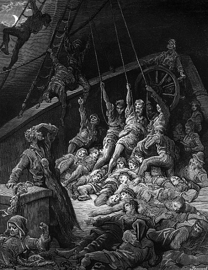 The dead sailors rise up and start to work the ropes of the ship so that it begins to move, scene fr de Gustave Doré