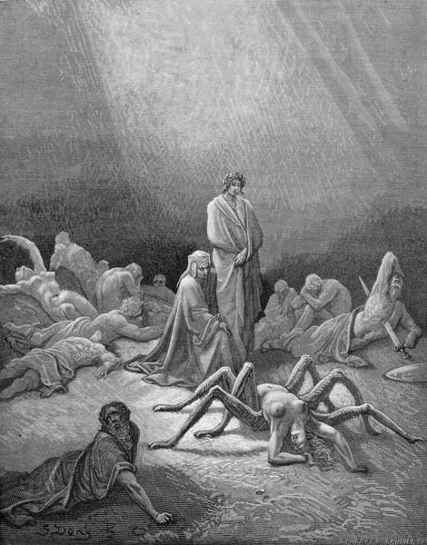 Virgil (70-19 BC) and Dante looking at the spider woman, illustration from ''The Divine Comedy'' (In de Gustave Doré