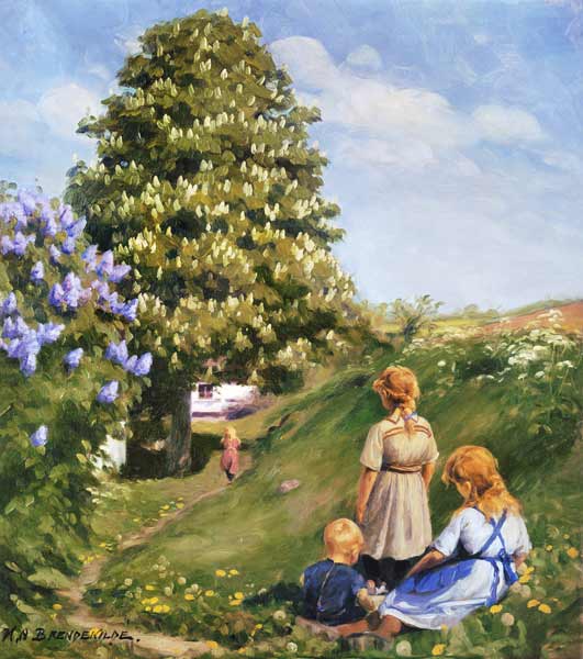 Playing children in spring landscape. de Hans Andersen Brendekilde