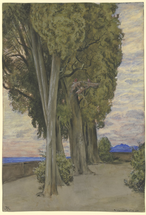Zypressen in der Villa d`Este, unterhalb der Baunkronen ein Reigen drei Putten de Hans Thoma