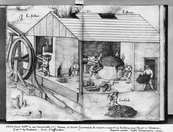 Silver mine of La Croix-aux-Mines, Lorraine, fol.22v and fol.23r, foundry and refining, c.1530 de Heinrich Gross or Groff