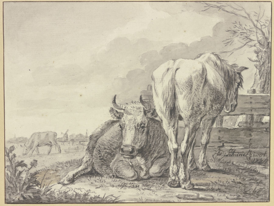 Eine Kuh und ein Pferd an einem Bretterzaun de Heinrich Wilhelm Schweickhardt