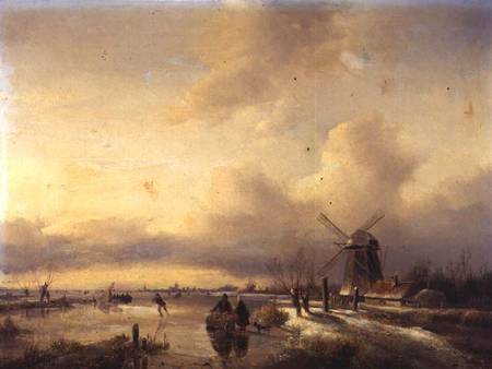 Figures in a Frozen River Landscape (panel) de Hendrik Jacobus Scholten