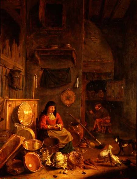 A Kitchen Interior with a Woman Peeling Potatoes beside a Dog, a Man Smoking in front of a Fire beyo de Hendrik Martensz. Sorgh