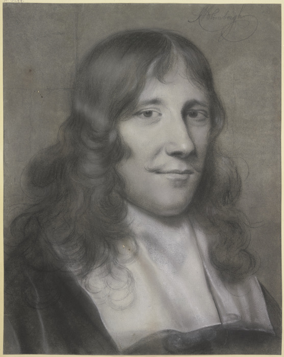 Brustbild eines jungen Mannes mit Schnurrbärtchen, langem Haar und weißem über die Brust hängendem K de Hendrik van Limborch