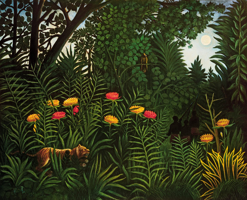 Selva con tigre y cazadores - Henri Julien Felix Rousseau en reproducción  impresa o copia al óleo sobre lienzo.