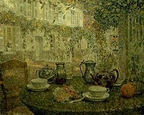 Coffee set on a stone table. de Henri Le Sidaner