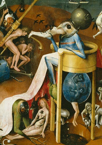 The Garden of Earthly Delights: Hell, right wing of triptych, detail of blue bird-man on a stool de Jerónimo Bosch o El Bosco
