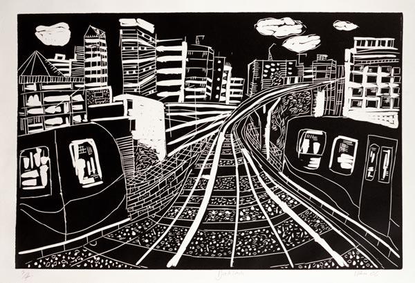 Docklands, 2005-06 (linocut) 