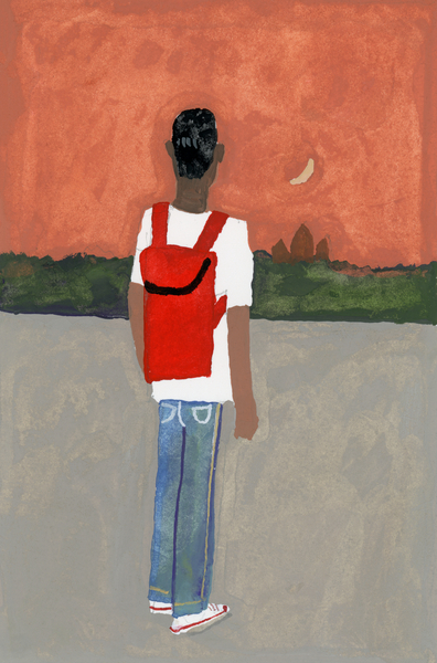 A traveler carrying a red backpack de Hiroyuki Izutsu