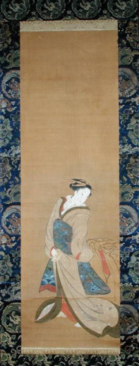 An Elegant Woman in a Blue Obi (pen & ink on silk) de Hotei Gosei