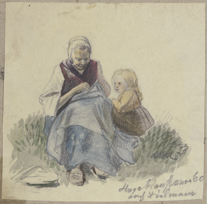Großmutter, nähend, und Kind de Hugo Kauffmann