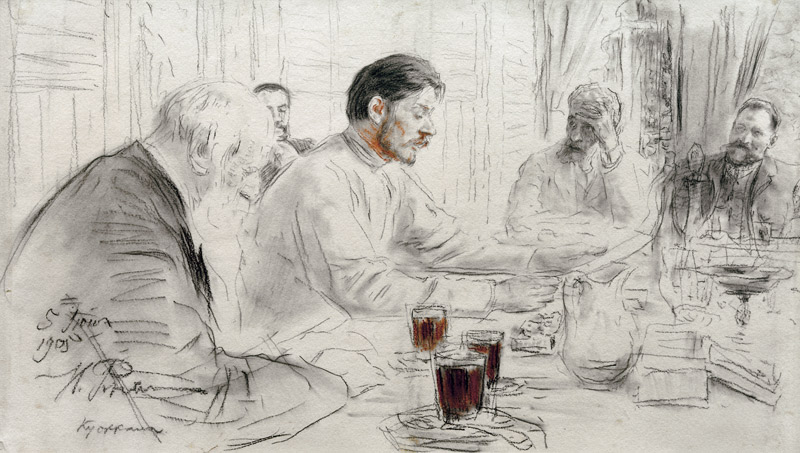 The author Maxim Gorky reads his poem "Children of the sun" de Iliá Yefímovich Repin