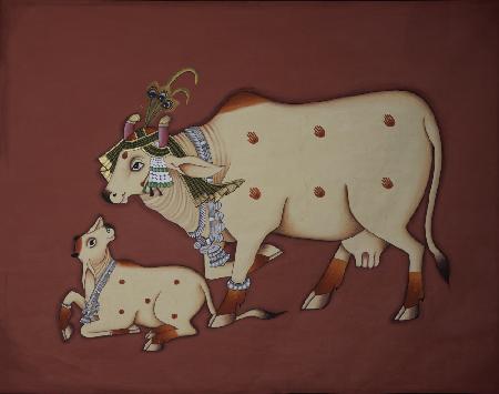 KAMDHENU COW AND CALF PAINTING