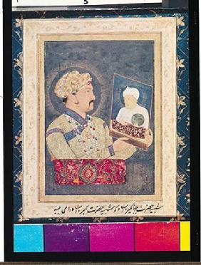 Emperor Jahangir (1569-1627) holding a portrait of Emperor Akbar (1542-1605)