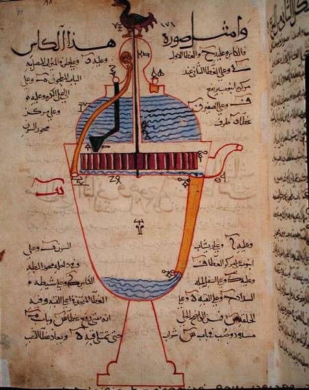 Mechanical device for pouring water, illustration from the 'Treatise of Mechanical Methods', by Al-D de Islamic School