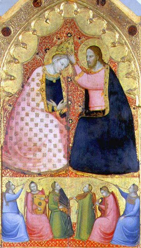 Coronation of the Virgin, altarpiece with a predella panel depicting angels playing musical instrume de Scuola pittorica italiana