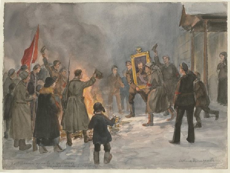 Soldaten verbrennen Gemälde (Aus der Aquarellserie Russische Revolution) de Iwan Alexejewitsch Wladimirow
