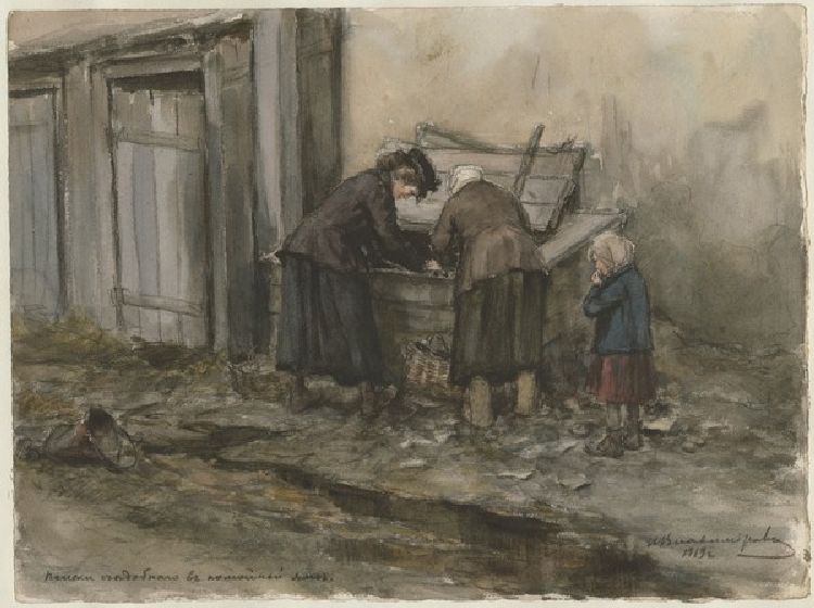Zwei Frauen und Kind, die in den Mülltonnen nach Essbarem suchen (Aus der Aquarellserie Russische Re de Iwan Alexejewitsch Wladimirow