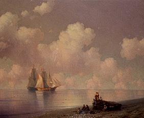 Coastal landscape with fishermen and sailing ships