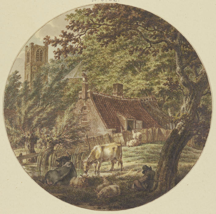 Hütte im Walde mit einigem Vieh, links ein Kirchturm de Jacob Cats