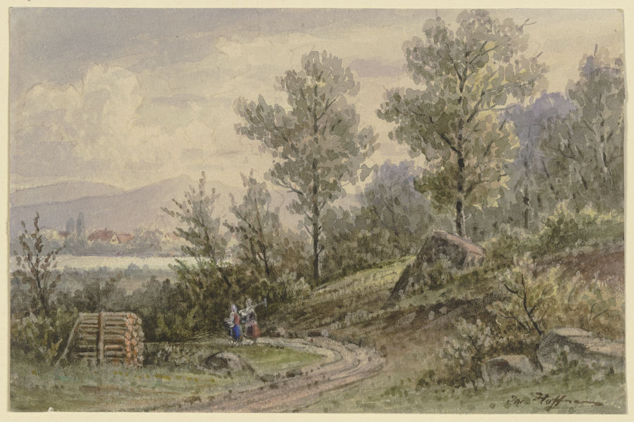 Blick vom Wald auf ein Dorf und Berge de Jacob Hoffmann