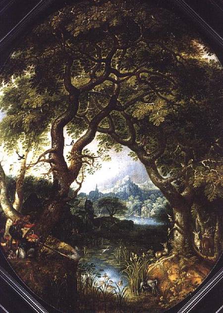 A Wooded Landscape with Hunters by a Stream de Jacob I Savery