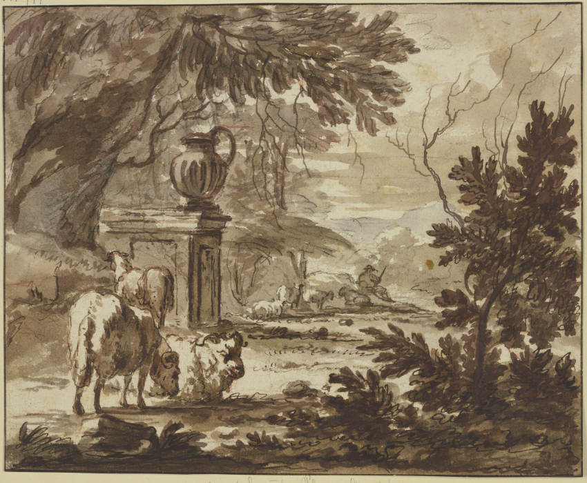 Bei einem Monument mit einer großen Vase ein Hirte mit Schafen de Jacob van der Does d. Ä.